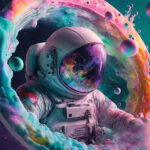 Colourful image of spaceman emerging from a black hole in space surrounded by planets