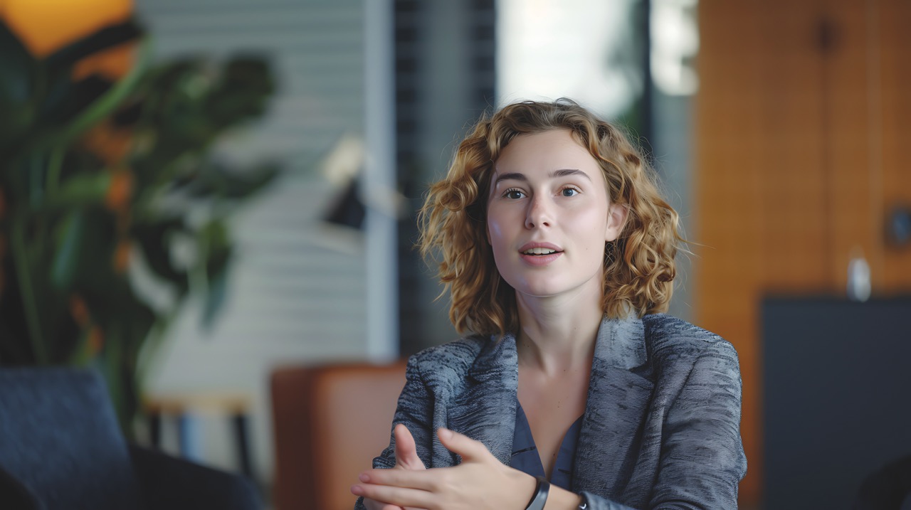 A woman sitting being interviewed on TV, speaking confidently about their achievements